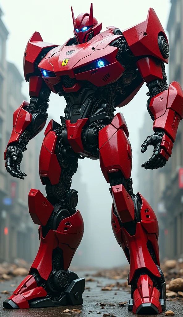 I want you to make an image of a red Ferrari sports car a combat robot like 、I want you to make an image transformed into a robot like the one in Transformers