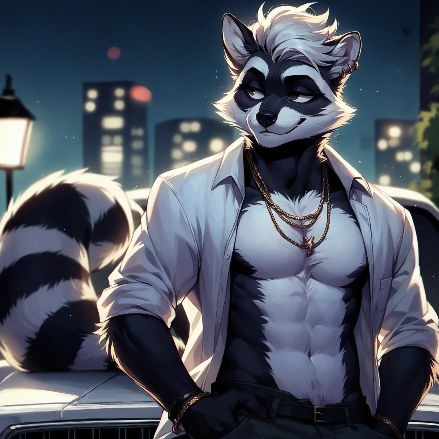 first, flat, Artistic, DETAILED: of a raccoon, adult, Alone, with Pompadour hairstyle, wearing open white shirt,  with a gold chain around the neck, Standing at night low lighting .