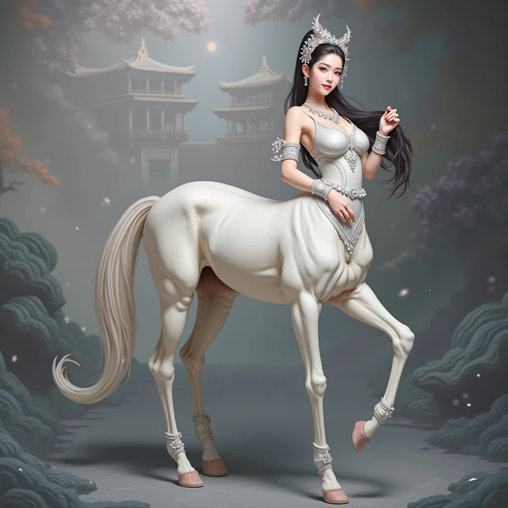 A masterpiece of an image, featuring a naked Asian woman riding gracefully atop a majestic unicorn. The woman, with alabaster skin and intricately detailed features, boasts long, flowing black hair and captivating, slanted eyes that gleam with an otherworldly allure. Her body is adorned with delicate tattoos, symbolizing the ancient folklore of her mystical heritage. The unicorn, with a shiny, pure-white coat and a regal aura, executes a gallop of unparalleled elegance, its horn decorated with intricate carvings and glowing with a gentle, ethereal light. The scene is set in a myst