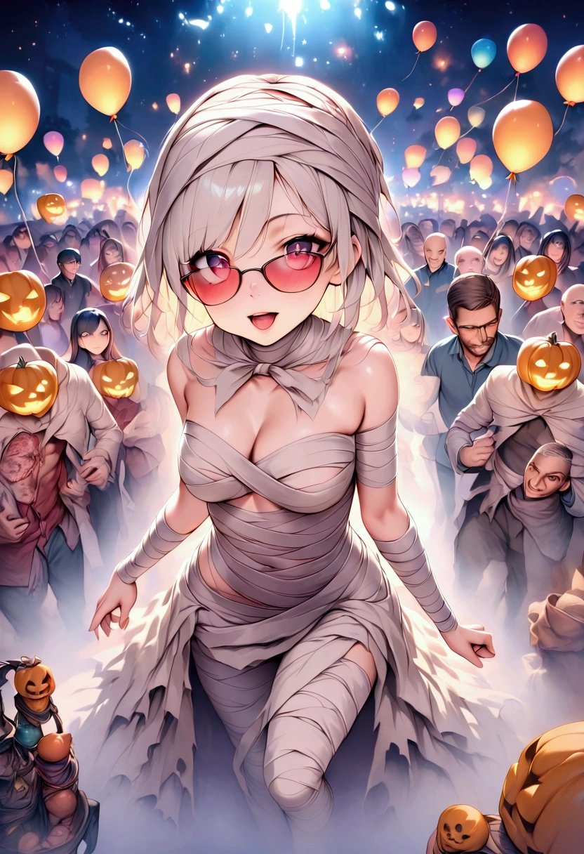 "( best quality ,  atlas resolution ,  realistic:1.37),  halloween balloon party ,  sexy vampire woman in mummy costume,  charming bald man with red sunglasses , Pumpkin costume ,  Spooky Vibes , dim, Vibrant colors, Spooky decorations, Full of people,  Festive Atmosphere , Mysterious Fog,  jack o' lantern , creepy music , Fun and excitement"