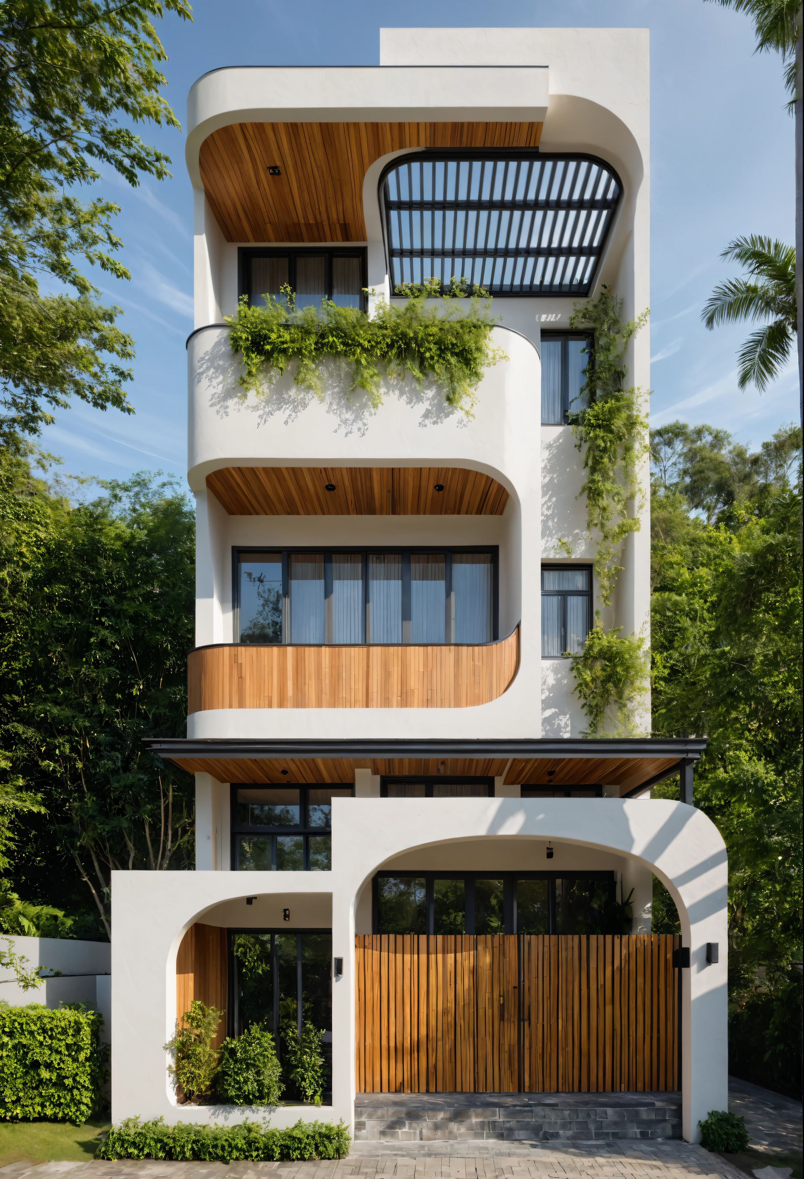 The tall and narrow 3-storey house is modernly designed, with steel gates and wooden details. The outside is painted white, the front wall has many curves. The house has windows on all sides and (wooden and iron ceilings: 1,2). Materials include black steel and wood. The third floor has trees growing on the middle columns, surrounded by tropical vegetation. The scene was shot from a 24mm angle perspective, with soft, natural lighting highlighting textures and materials, creating soft shadows that highlight the curves of the front wall and wooden details.