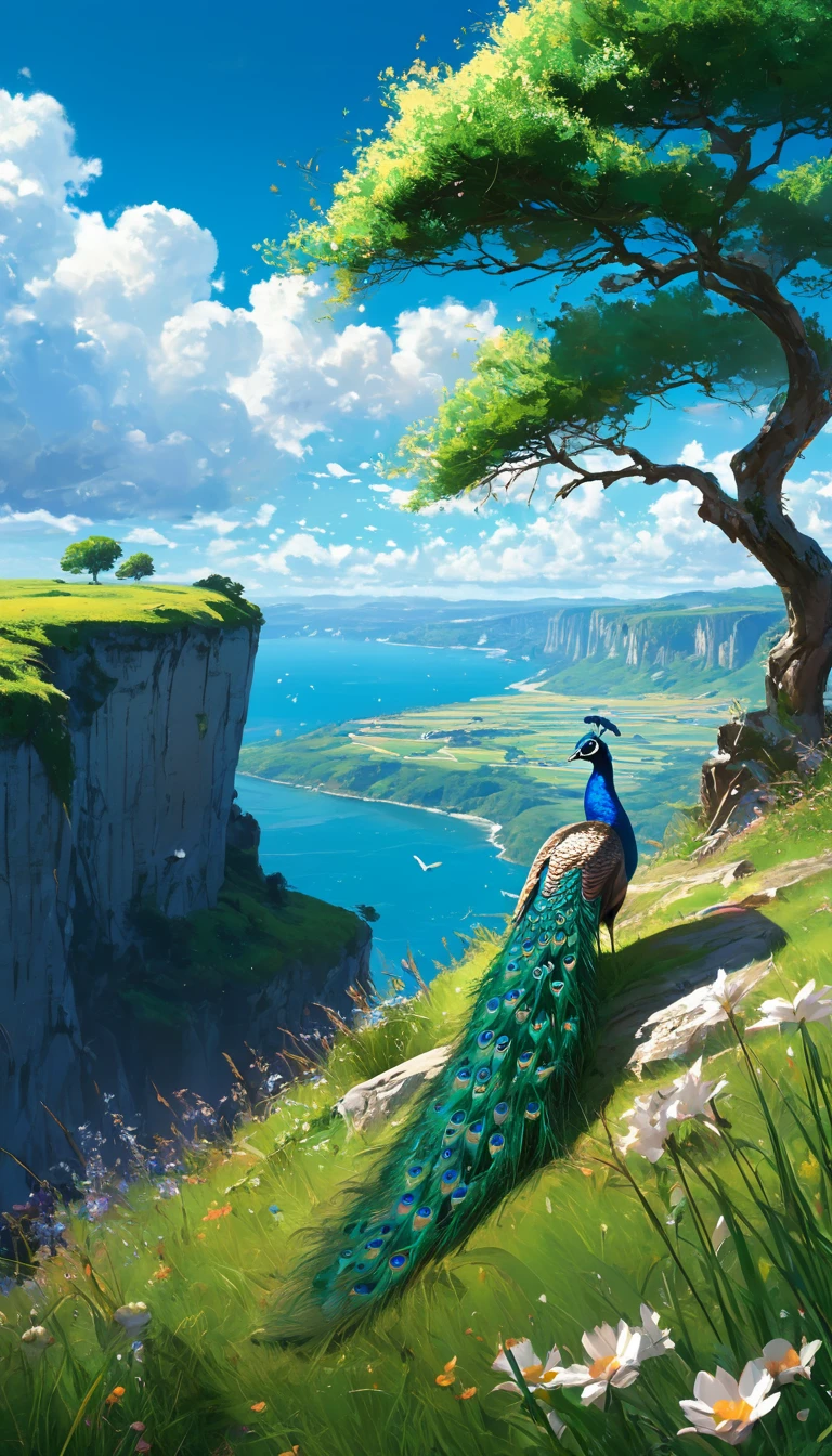 a peacock sitting under a tree near a cliff in a meadow ,  seeing a vast blue sky with fluffy clouds and brush strokes , tall grasses stones, flowers,  a girl and her boyfriend standing, makoto shinkai cyril rolando, anime art wallpaper 4k, anime art wallpaper 4k, animated background, anime art wallpaper 8K, animated background art, Anime Landscape Wallpaper, amazing wallpaper, HD wallpaper, 4k anime wallpaper, 4k anime wallpaper, Aries Moross art,art by Bob Byerley , AshleyWoodArtAI, greg rutkowski(far angle view)(brokeh effects)