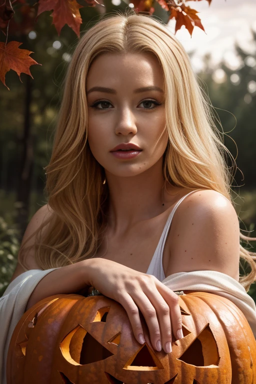 Iggy Azalea as a Halloween Mummy, (iggy4z4)beautiful Mummy , ((Detailed face:1.1, Detailed eyes, Beautiful Detailed Lips , Beautiful Skin)), blonde hair, Bright smile, Looking up, wearing white bandages、 , (( Halloween pumpkin object , Sit on an object)), Dark forest background, (Best Quality:1.2, very detailed, super high definition, high contrast , masterpiece:1.2, Best aesthetics), Cinematic lighting, Dramatic Shadows, 