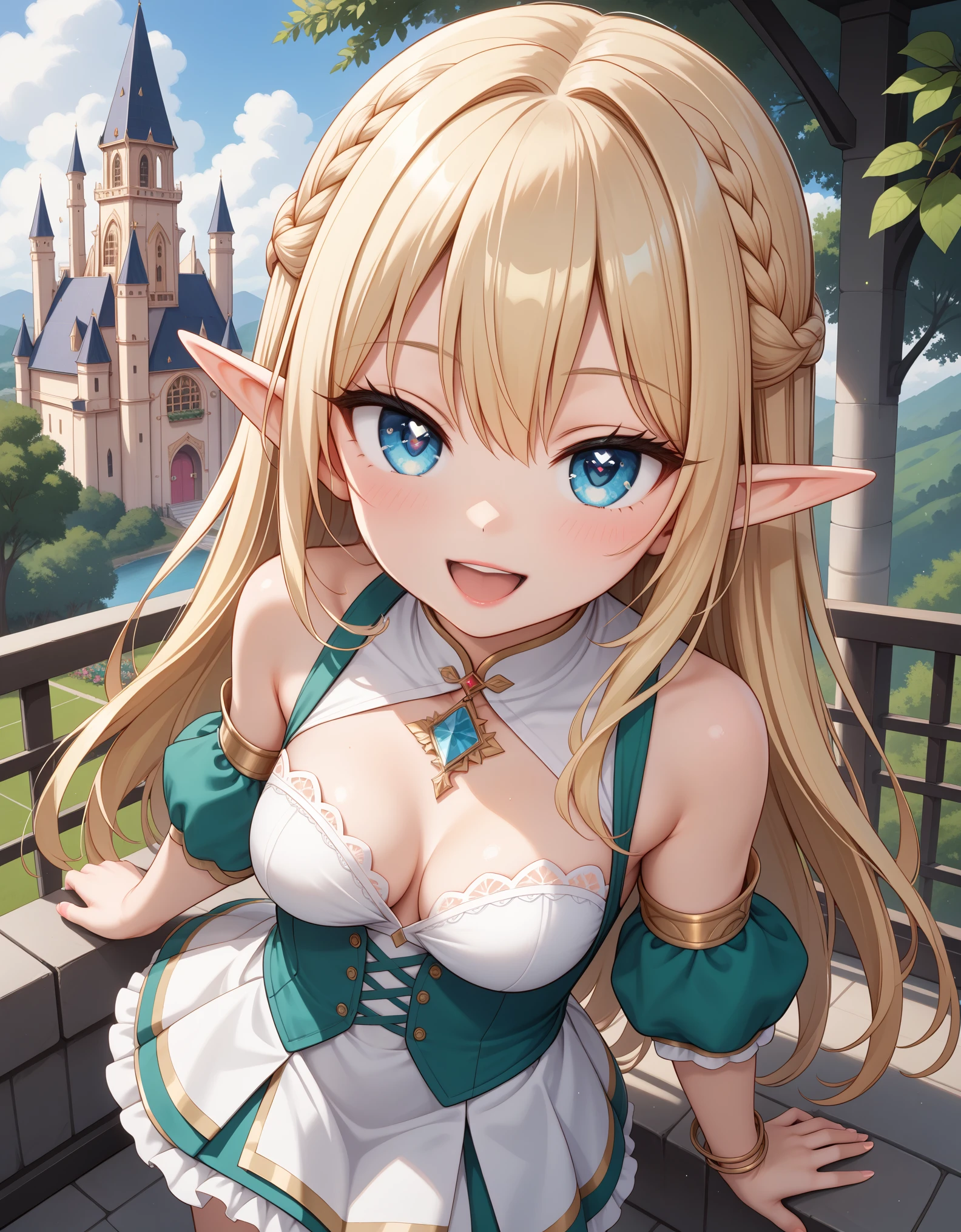 newest, masterpiece, best quality
BREAK
score_9, score_8_up, score_7_up, 
BREAK
cute round face, slender, kawaii, ultra cute girl, ultra cute face, ultra detailed eyes, ultra detailed hair, ultra beautiful,
1girl, solo,
elf girl, (wearing sorcerer outfit:1.2), (nsfw:-0.5), (navel:-0.5),
seductive smile, open mouth,
from above,
cowboy shot, looking at viewer,
outdoor, At the heart of the city stands a dazzling golden cathedral, filled with mystical powers, depth of field, ultra detailed background,
medium breasts,,
(white:1.2) blonde hair, long hair, elf ear, blue eyes