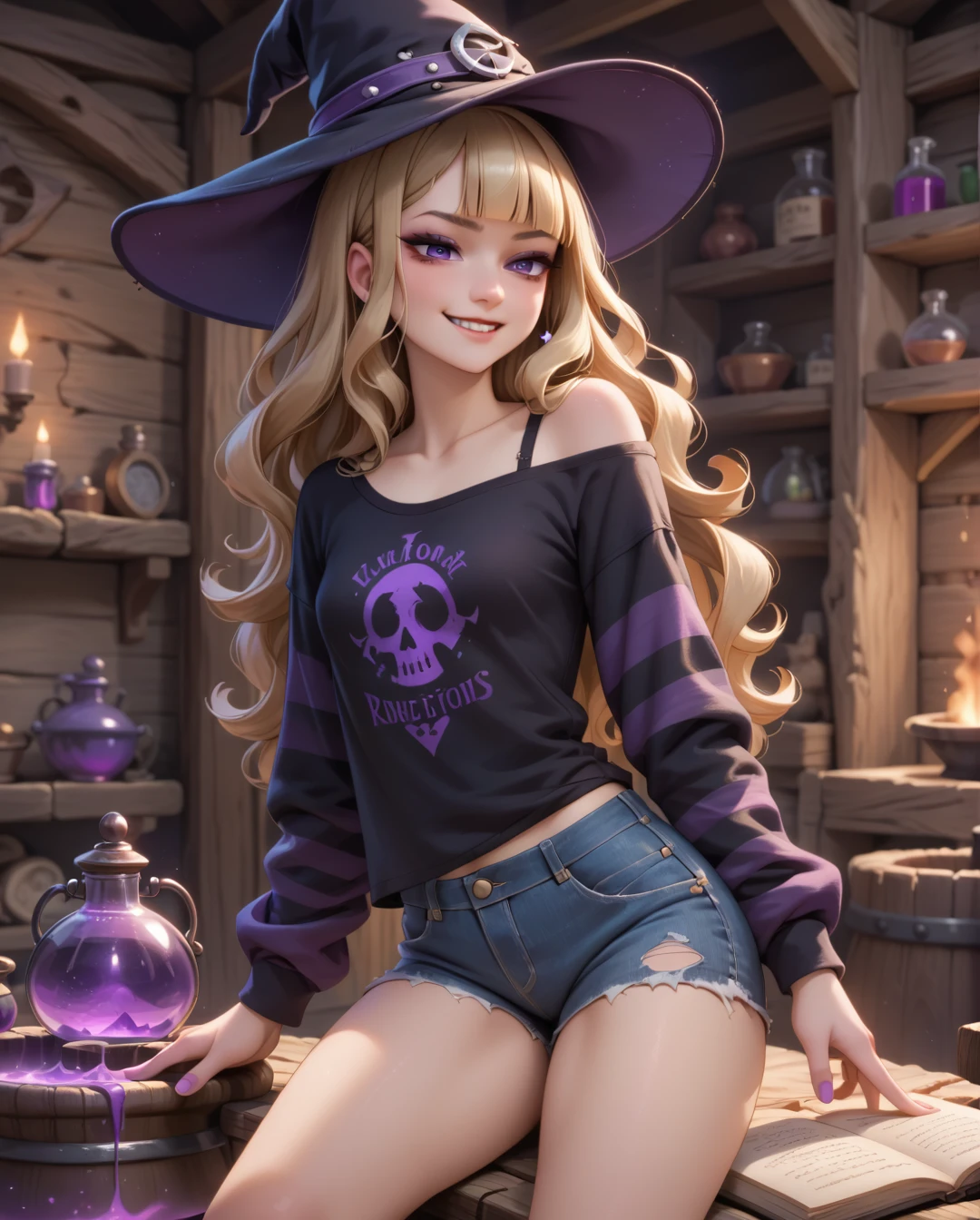 1girl, anime style, smirk, mouth closed, perfect purple eyes, small breasts, blonde hair, blunt bangs, long hair, wavy hair, off shoulder shirt, black t-shirt, striped long sleeves, punk girl aesthetic, denim shorts, ripped fishnets, thick eyeliner, small witch hat, old medieval log cabins, purple magic, purple energy, in front of a cauldron, making a potion, masterpiece quality, ultra HD, 4K, best quality,