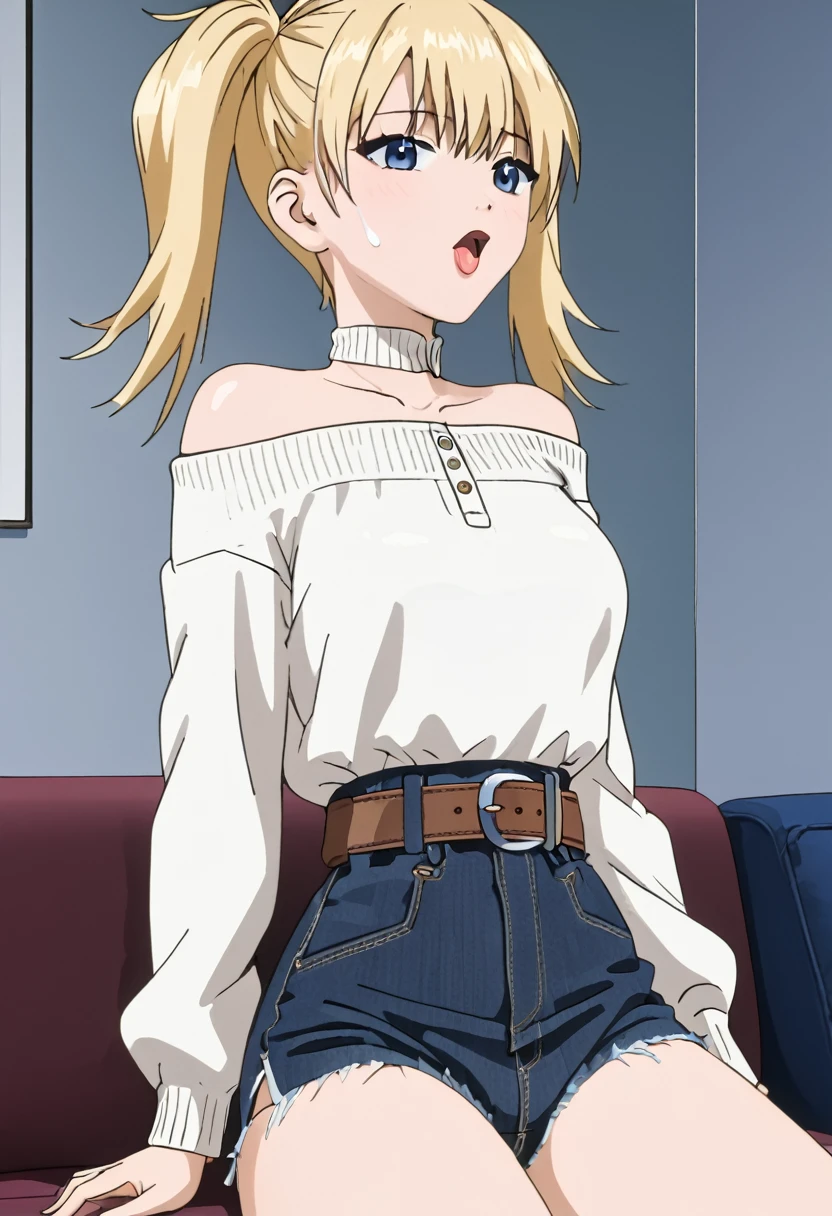 (work of art、HIGHER QUALITY、 Very detailed ))、a girl、Blonde hair、short hair、 ponytails 、 cropped fringe 、wavy hair、gray eyes、((Open Your Mouth))、(( cum on tongue))、(( VERY LARGE HAIR ))、(( White sweater ))、collar、Off-the-shoulder neckline、strapless、((Thick belt))、thick thighs、Kneel down、 on the couch without panties, Showing off her horny pussy, wanting to have sex.