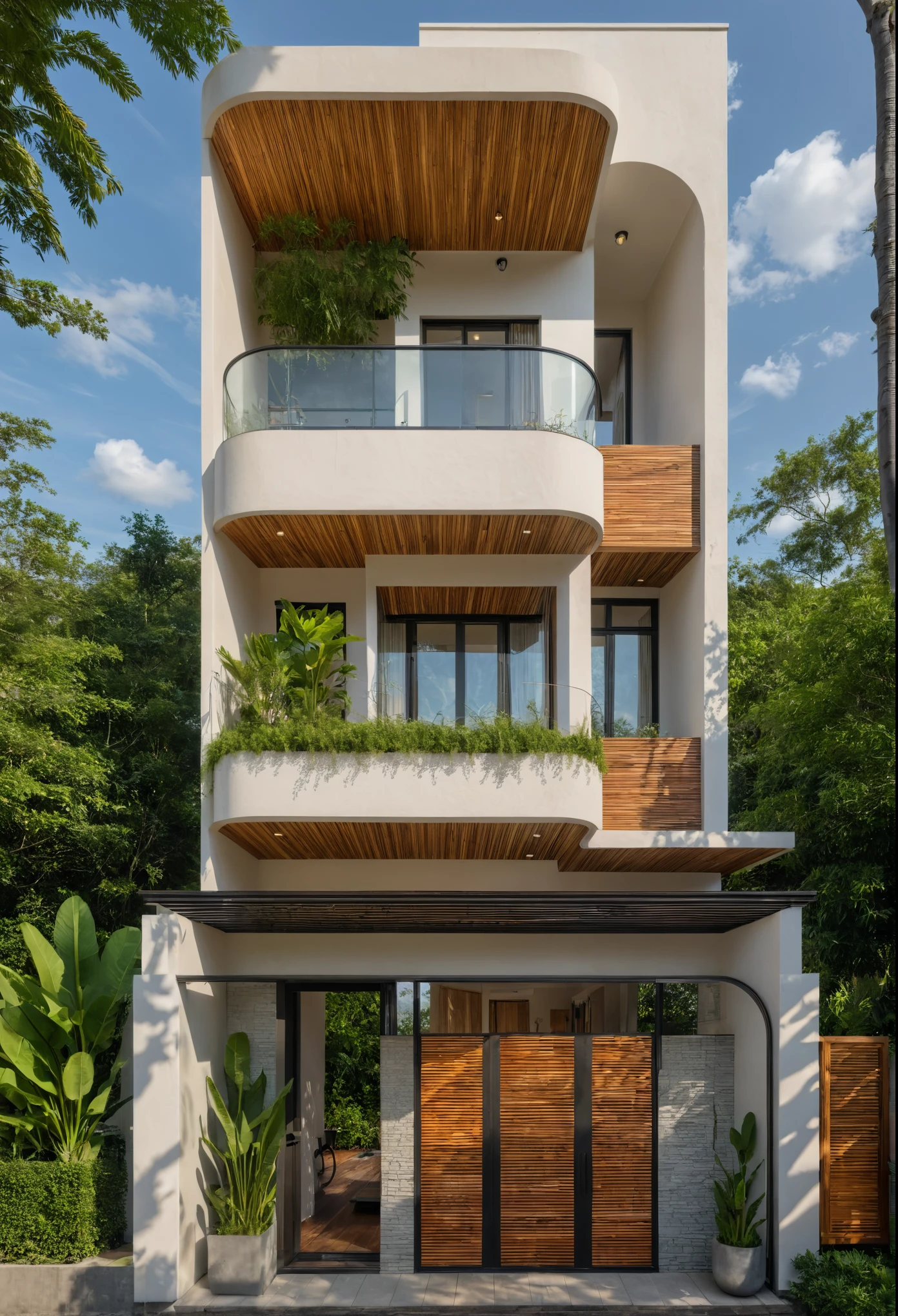 The tall and narrow 3-storey house is modernly designed, with steel gates and wooden details. The outside is painted white, the front wall has many curves. The house has windows on all sides and (wooden and iron ceilings: 1,2). Materials include black steel and wood. The third floor has trees growing on the middle columns, surrounded by tropical vegetation. The scene was shot from a 24mm angle perspective, with soft, natural lighting highlighting textures and materials, creating soft shadows that highlight the curves of the front wall and wooden details.