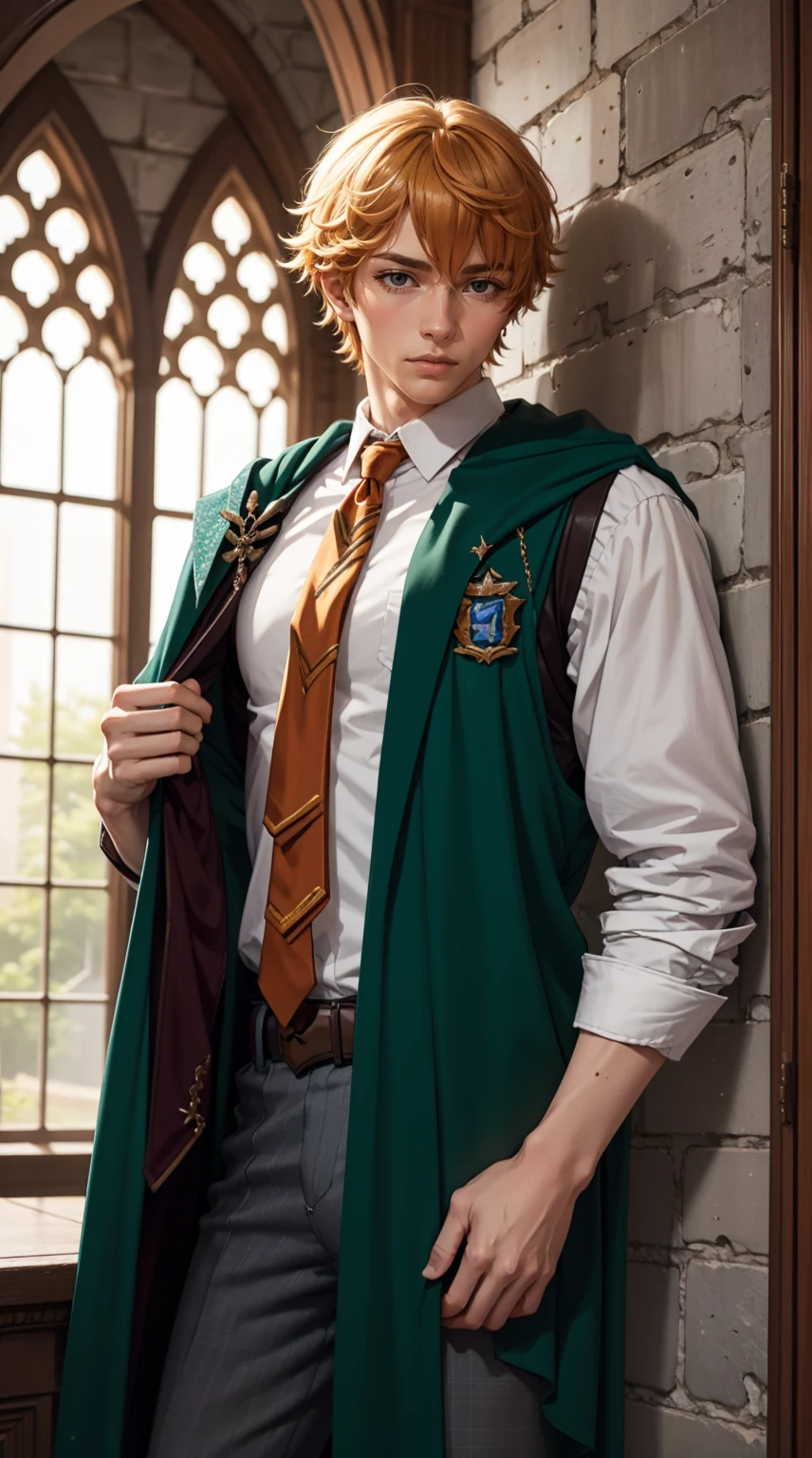 Beautiful orange hair man is shown to have a athletic figure, He is wearing Hogwarts green witch robes, green robes, British green school uniforms under robes, school vest and tie, he has blue eyes,Guy is standing in front of castle , sexy session, posing, cowboy shot, superior quality, many details, realistic