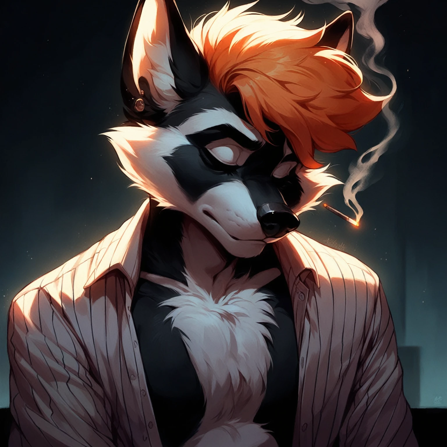 until, DETAILED, Better quality: of a raccoon, young, adult, Alone, with Pompadour hairstyle,.. attire: Open white shirt,.. pose: smoking a cigarette, with eyes closed, In low background lighting.