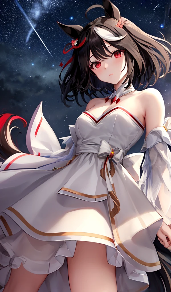 (delicate.masterpiece)、Horse-eared girl、 Black Hair ((short))、 Hair Center ((White color))、Red eyes((delicate.colorful))、Marl、Black Horse's Tail 、White Dress(( Shoulders Exposed))、background with((Starry Sky))、 Mysterious Night Space 