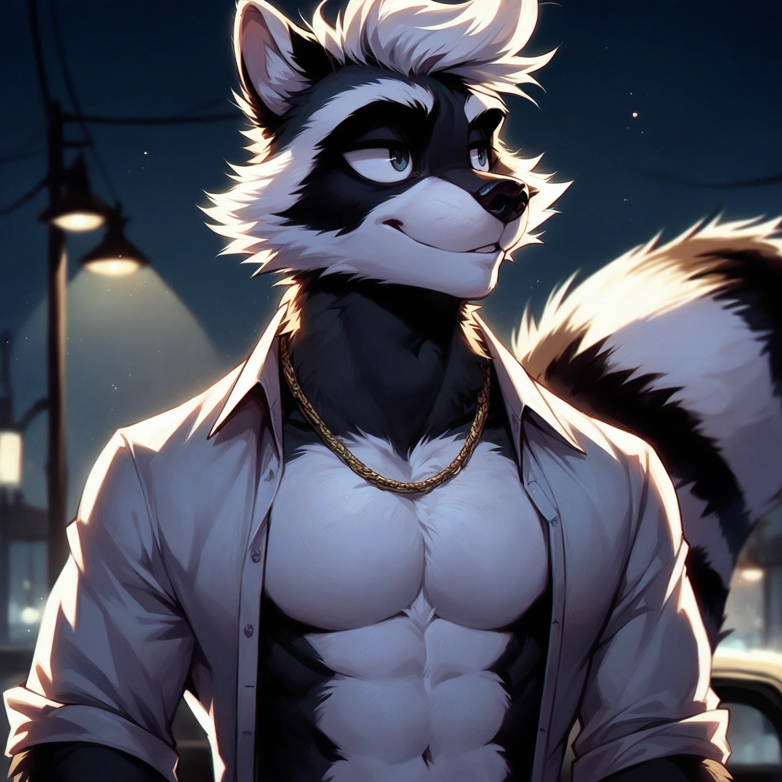 first, flat, Artistic, DETAILED: of a raccoon, adult, Alone, with Pompadour hairstyle, wearing open white shirt,  with a gold chain around the neck, Standing at night low lighting .