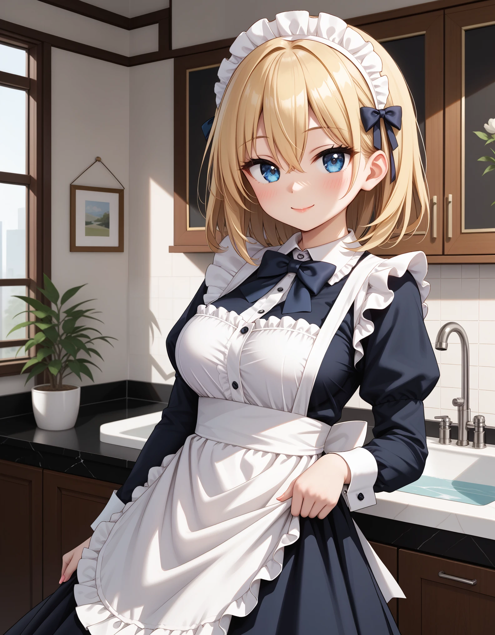 newest, masterpiece, best quality
BREAK
score_9, score_8_up, score_7_up,
BREAK
cute round face, slender, ultra detailed eyes, ultra detailed hair, ultra beautiful
BREAK
1girl, solo,
(classical maid:1.2),
apron, blush, bow, bowtie, frilled apron, frills, long sleeves, maid, maid apron, maid headdress, waist apron, white apron,
(maid costume, maid hair dress:1.3), long skirt, (holding skirt:-1),
happy smile, closed mouth,
standing, cowboy shot, looking at viewer,
in cafeterrace, indoors, depth of field, ultra detailed background,
medium large breasts, (cleavage:-1),
(blonde hair, dark blue eyes), medium hair, hair between eyes