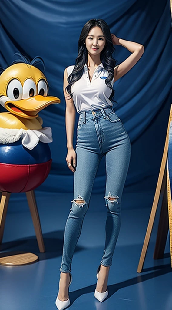 Accurate 、 Full Body Photo 、 Studio Background 、 8k HD good quality image 、 Hot Korean woman has an ideal body 、 big breast 、 big butt 、 sexy wavy body 、 proportional body 、 straight long hair 、 wearing blue tight polo with a Donald Duck design 、 tight skinny blue jeans with a Donald Duck design、 and blue high heels 、 FULL BODY FROM HEAD TO TOE 、 Standing in a FULL HEIGHT FROM HEAD TO TOE. 

The picture must show a complete head to toe picture of the hot Korean