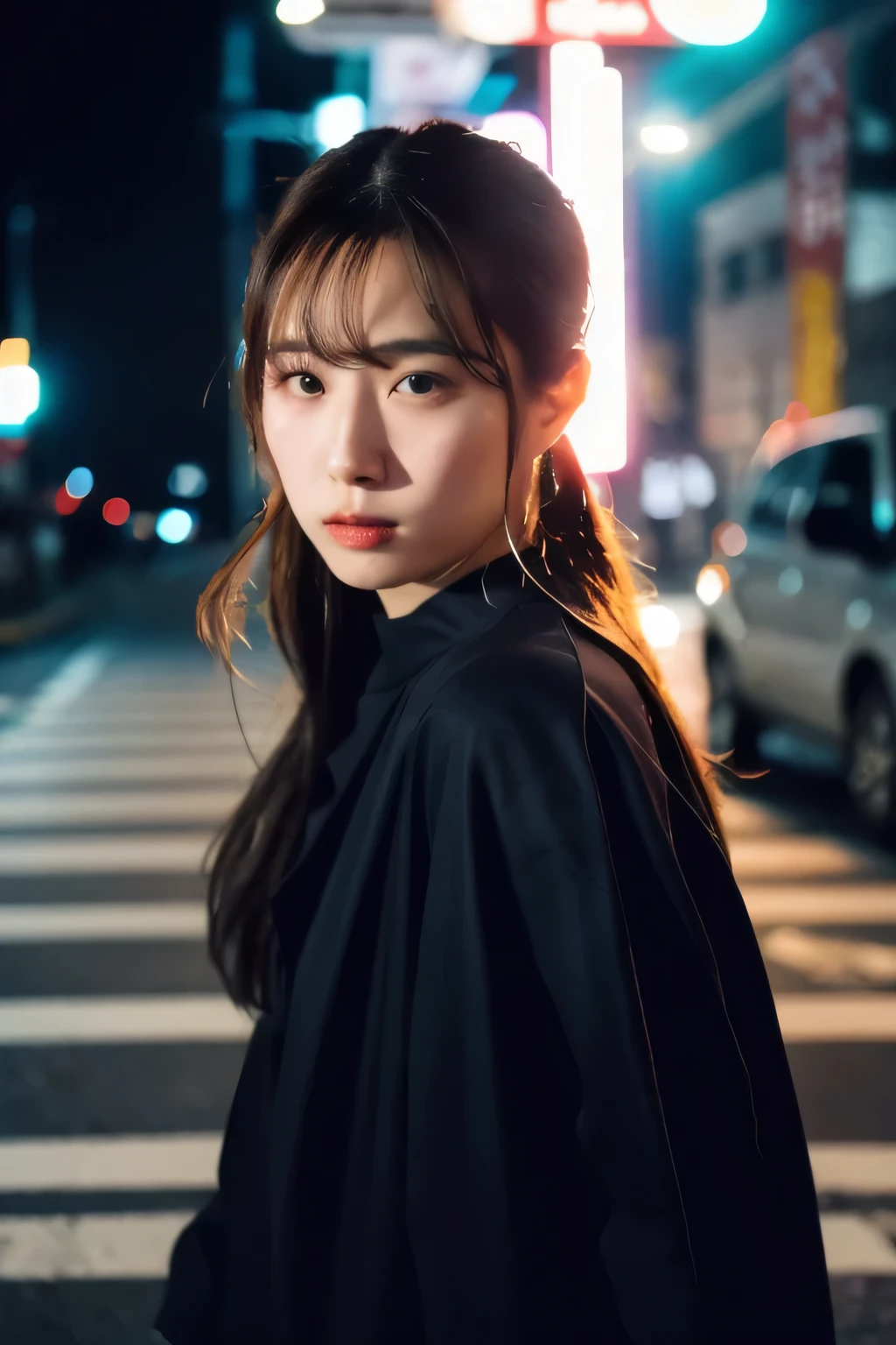 (Cinematic Aesthetics :1.4) a blurred urban night image of a beautiful Korean fashion model