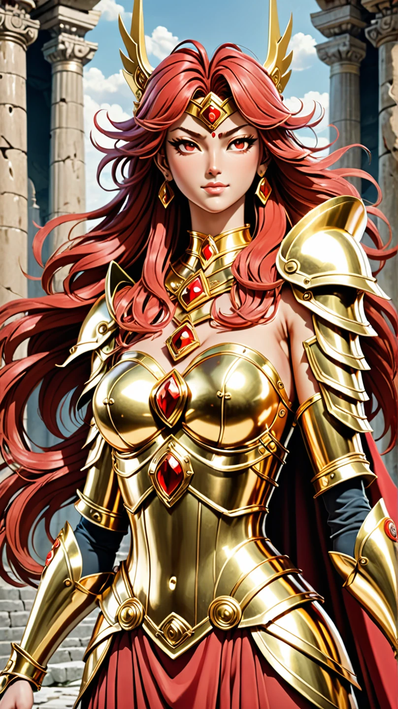 create an image of one of the 12 gold knights based on the japanese anime saint seiya, represented by beautiful red haired women (in this case, amazon), using her gold armor, also illustrating her zodiac sign (Virgo) so it is possible to know which amazon represents each sign. Her main power is she is very close to Buda, so show an aura of Buda behind her. She must have huge tits. Also the image should be ultra realistic. The background must be the Greek sanctuary ruins.