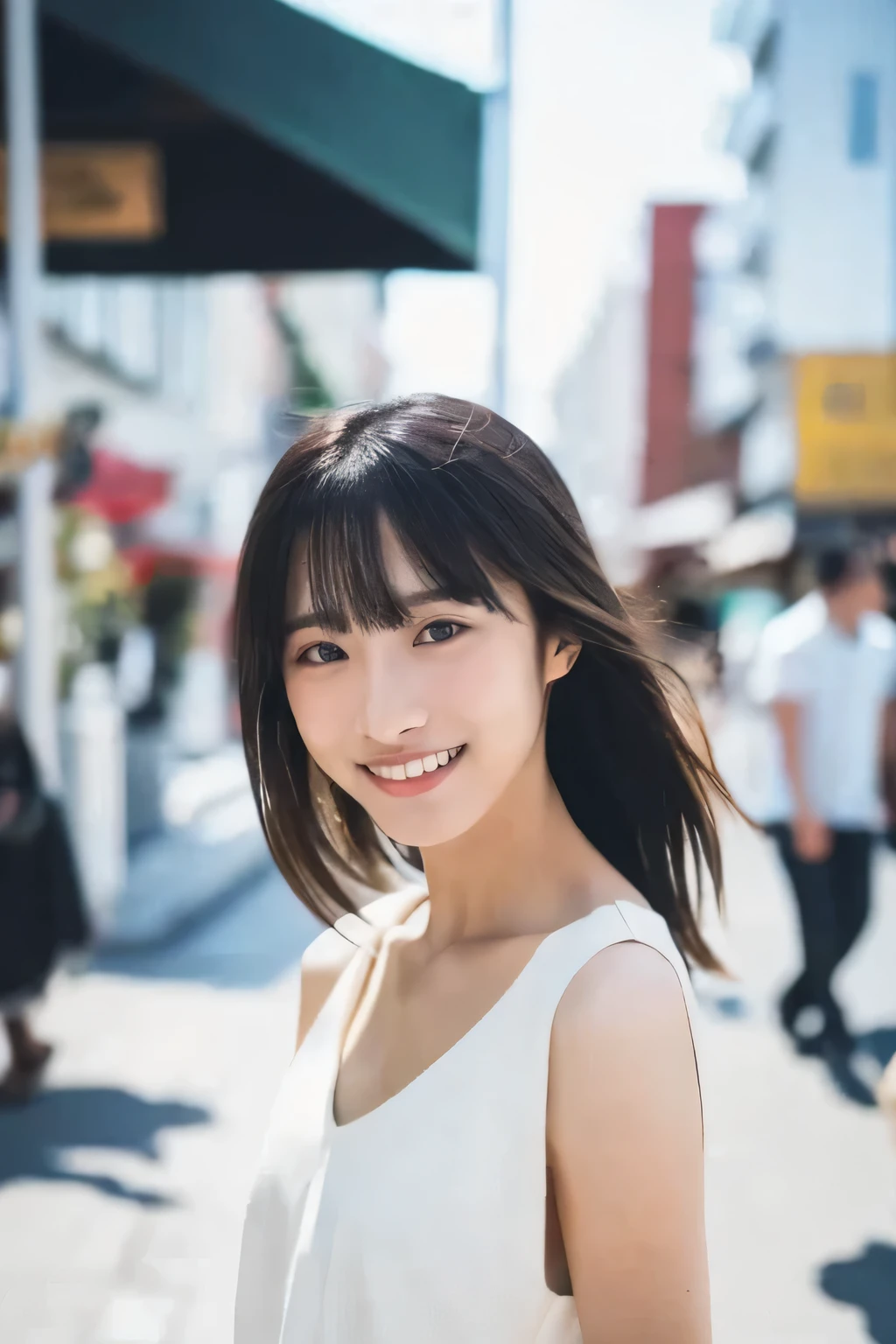 (Cinematic Aesthetics :1.4)  a blurred urban noon image of a beautiful japanese fashion model,smile