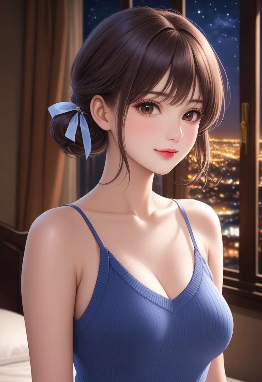 (Hyper-Realistic CG Illustration:1.6), (Ultra-Detailed, Top Quality 4K, High Resolution, Sharp Focus:1.4), A pretty 16-year-old tiptop girl in an indigo sleeveless thin sweater, thong and wrist scrunchies stands in a hotel room at night, blushing and looking at the viewer. She has a brown medium bob and hair clip, smooth pale skin, dark eyes, a narrow nose, rosy cheeks, glossy lips with a shy smile, medium sized breasts that give her an angelic innocence as well as a hint of sex appeal. Her face, body and even the texture of her hair are rendered in extreme detail. Background window with night scene. Side view, cowboy shot.