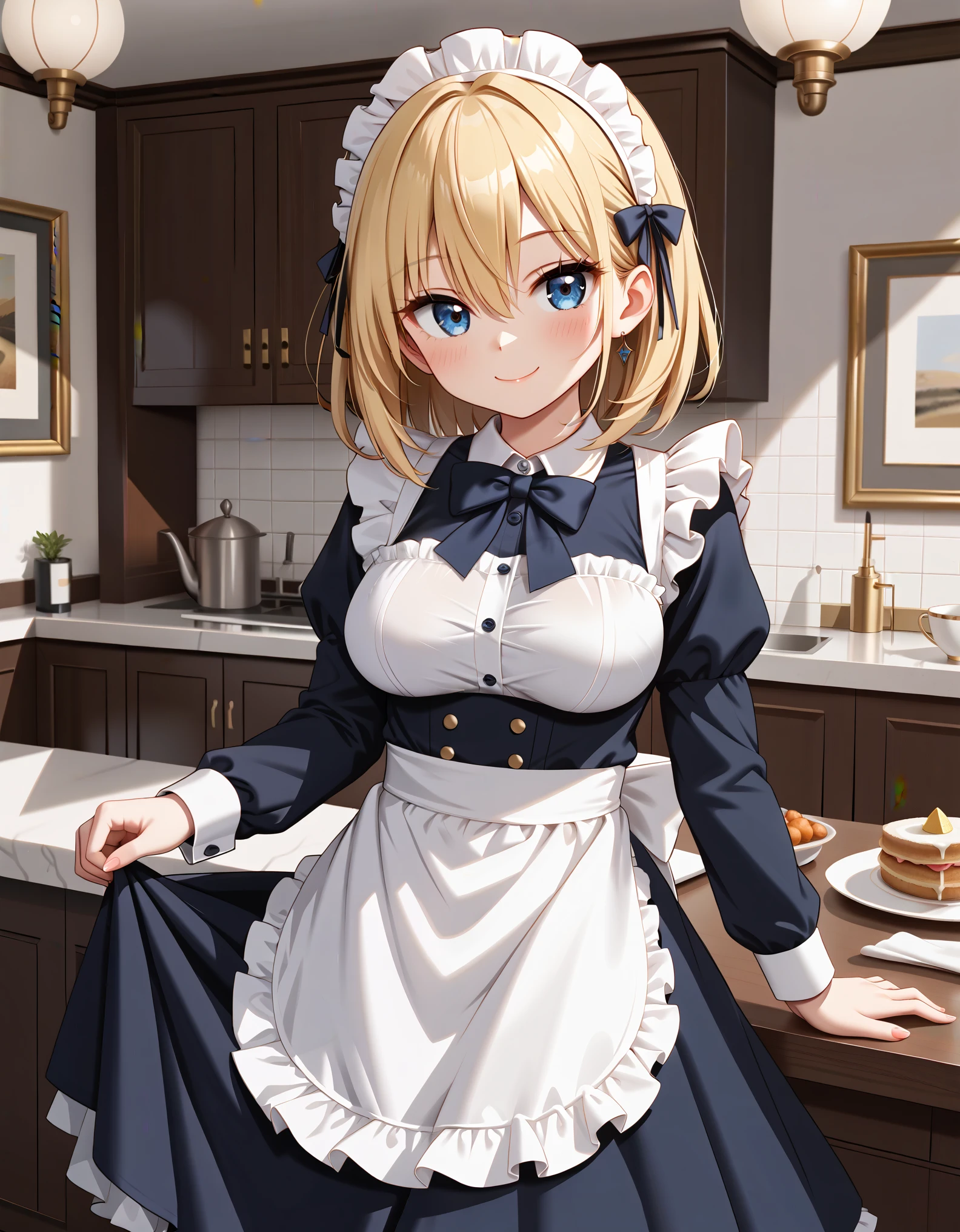 newest, masterpiece, best quality
BREAK
score_9, score_8_up, score_7_up,
BREAK
cute round face, slender, ultra detailed eyes, ultra detailed hair, ultra beautiful
BREAK
1girl, solo,
(classical maid:1.2),
apron, blush, bow, bowtie, frilled apron, frills, long sleeves, maid, maid apron, maid headdress, waist apron, white apron,
(maid costume, maid hair dress:1.3), long skirt, (holding skirt:-1),
happy smile, closed mouth,
standing, cowboy shot, looking at viewer,
in cafeterrace, indoors, depth of field, ultra detailed background,
medium large breasts, (cleavage:-1),
(blonde hair, dark blue eyes), medium hair, hair between eyes