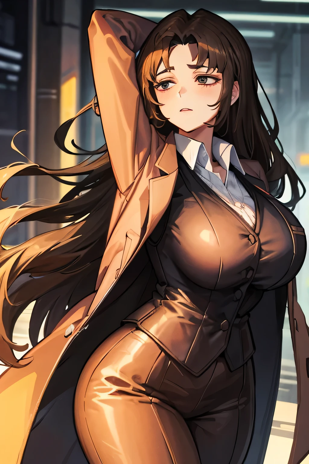 Rodion from limbus company,  brown hair , 1 girl, huge breasts, huge hips, business suit, the chest falls out of the jacket, shirt under the jacket, 