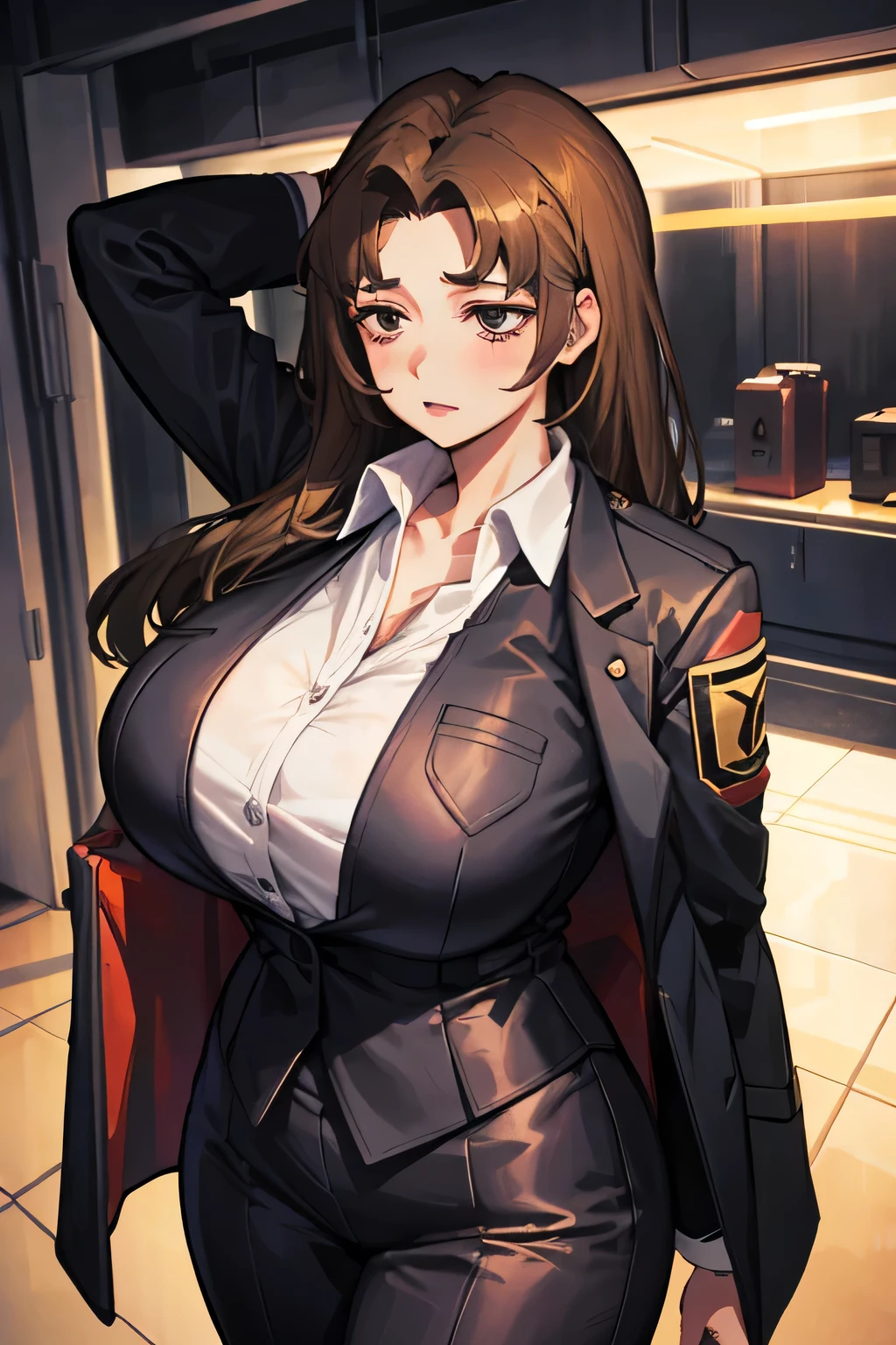 Rodion from limbus company,  brown hair , 1 girl, huge breasts, huge hips, business suit, the chest falls out of the jacket, shirt under the jacket, 