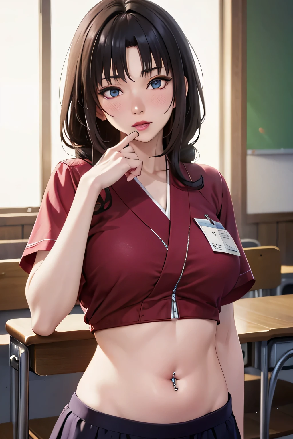 Kimono, stomach, navel piercing, brown skin, blonde hair, micro skirt, crop top, midriff, breast, super fine illustration, vibrant colors, masterpiece, best quality, depth of field, cinematic lighting, ultra detailed, tummy, 1 woman, solo, milf, slender, full face blush, mature female, tall woman, dark hair, long hair, curly hair, medium breast, belly button, classroom, 
BREAK (masterpiece:1.2), high resolution, unity 8k wallpaper, (illustration:0.8), (beautiful detailed eyes:1.6), extremely detailed face, perfect lighting, extremely detailed CG
