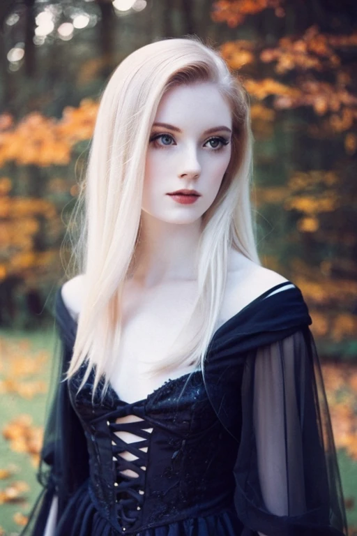 very beautiful girl, elegant gothic vibes, Film Grain, pale skin, medium shot