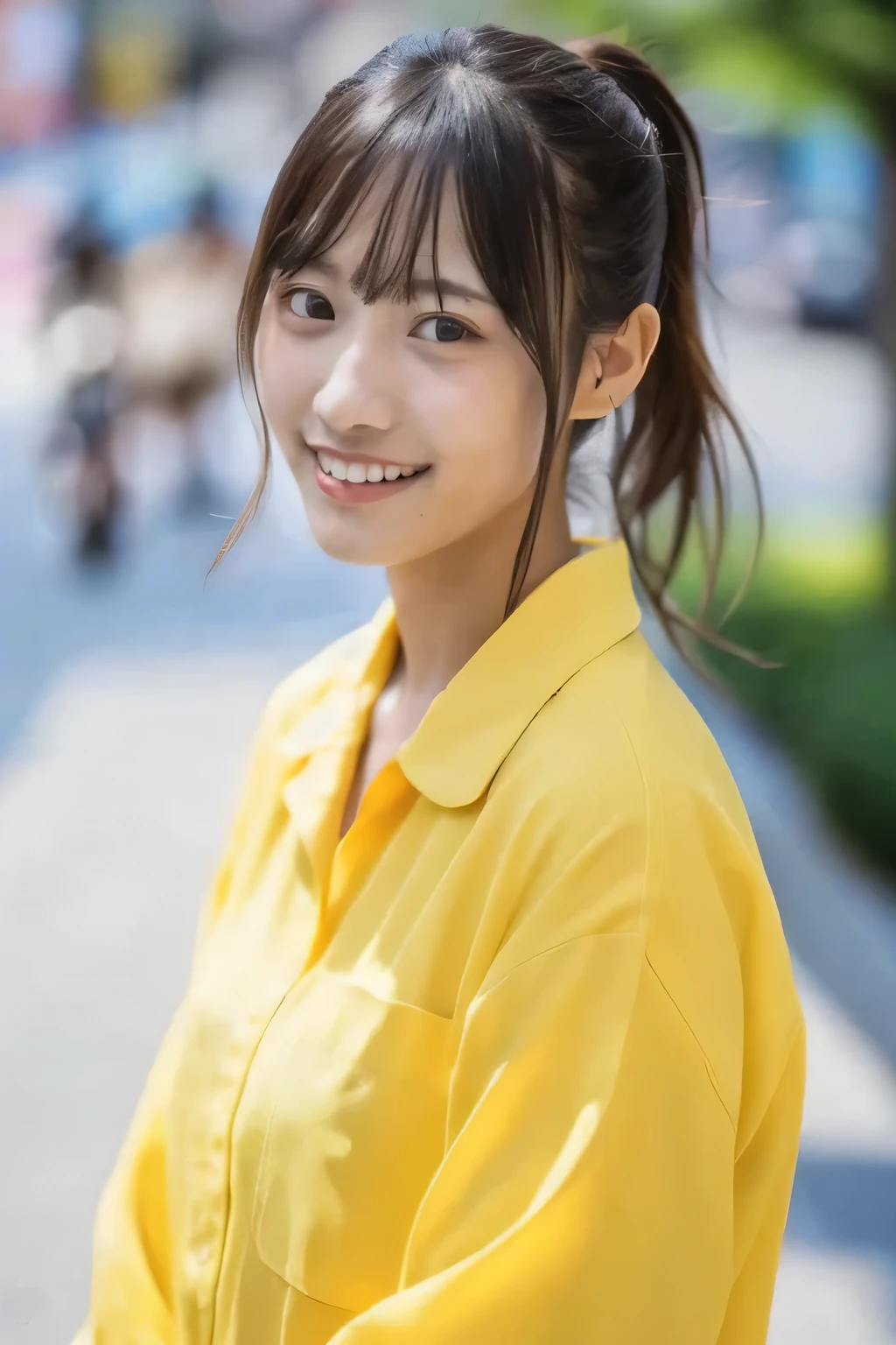 (Cinematic Aesthetics :1.4)  a blurred urban noon image of a beautiful japanese fashion model, yellow shirts,  smile