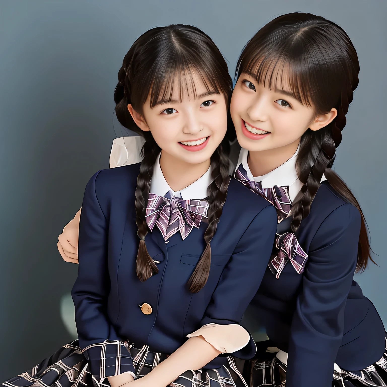 (Highest quality, masterpiece:1.2), Highest quality, High resolution, 1080P, 8k, (A noble, graceful and Japanese young long hair lady who have a best proportion are seated giggling at me with extreme beatitude, laughing and posing like a fashion model of Japanese uniform promotion, using face-whitening cosmetics: 1.5), (She is getting out of the picture: 1.6), (Well-balanced, Intelligent, drooping, double-eyelids, brown shiny large eyes with detailed make me feel her intelligence: 1.5), (Navy colored school blazer, blue-colored pleated school blue-and-dark-blue-and-cyan-tartan-checkered plaid-skirt: 1.5), ((Beautiful well-figured glossy lips)), (Plain blue school ribbon on the mature breast), (Girl whom everyone loves because of her beauty and beautiful eyes and lovely fashion and noble manner and magic-charm of succubus), (Very beautiful, glossy, cutely super-super-long black hair, neat tight twin braids: 1.3), (Drives me crazy for their neat blue-plaid-skirts and Make me fall into their skirts), (plain blue background: 1.6), (Best style like a 13yoashion model, mature breast), ((Completely balanced beautiful eyes)), ((Completely balanced beautiful eyes)), (eyes, face and hair are especially beautifully detailed and beautifully drawn: 1.5), (Satisfactory best shot by professional famous women's photographer: 1.5), The soft white light clearly shows her face white, Show me the cutest face