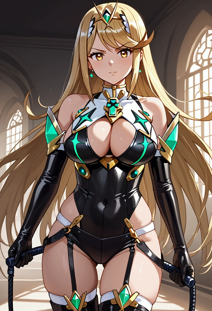 socre_9, score_8, source_anime,(masterpiece), best quality, expressive eyes, perfect face, alternate outfit, alternative custome, 1girl, solo mythra \(xenoblade\), 1girl, yellow eyes, swept bangs, long hair, very long hair, blonde hair, headpiece, tiara, earrings, thigh strap, gem, alternate outfit, (large breasts, cleavage. bondage, latex, navel, elbow gloves, shiny clothes, black clothes, yellow eyes, whip, thigh boots, dare shoulders, dominatrix ),