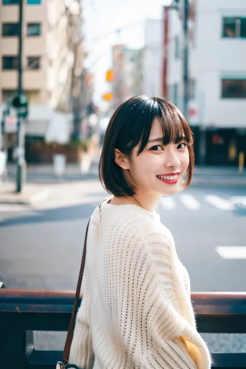 (Cinematic Aesthetics :1.4) a blurred urban noon image of a beautiful japanese fashion model, color sweater, smile
