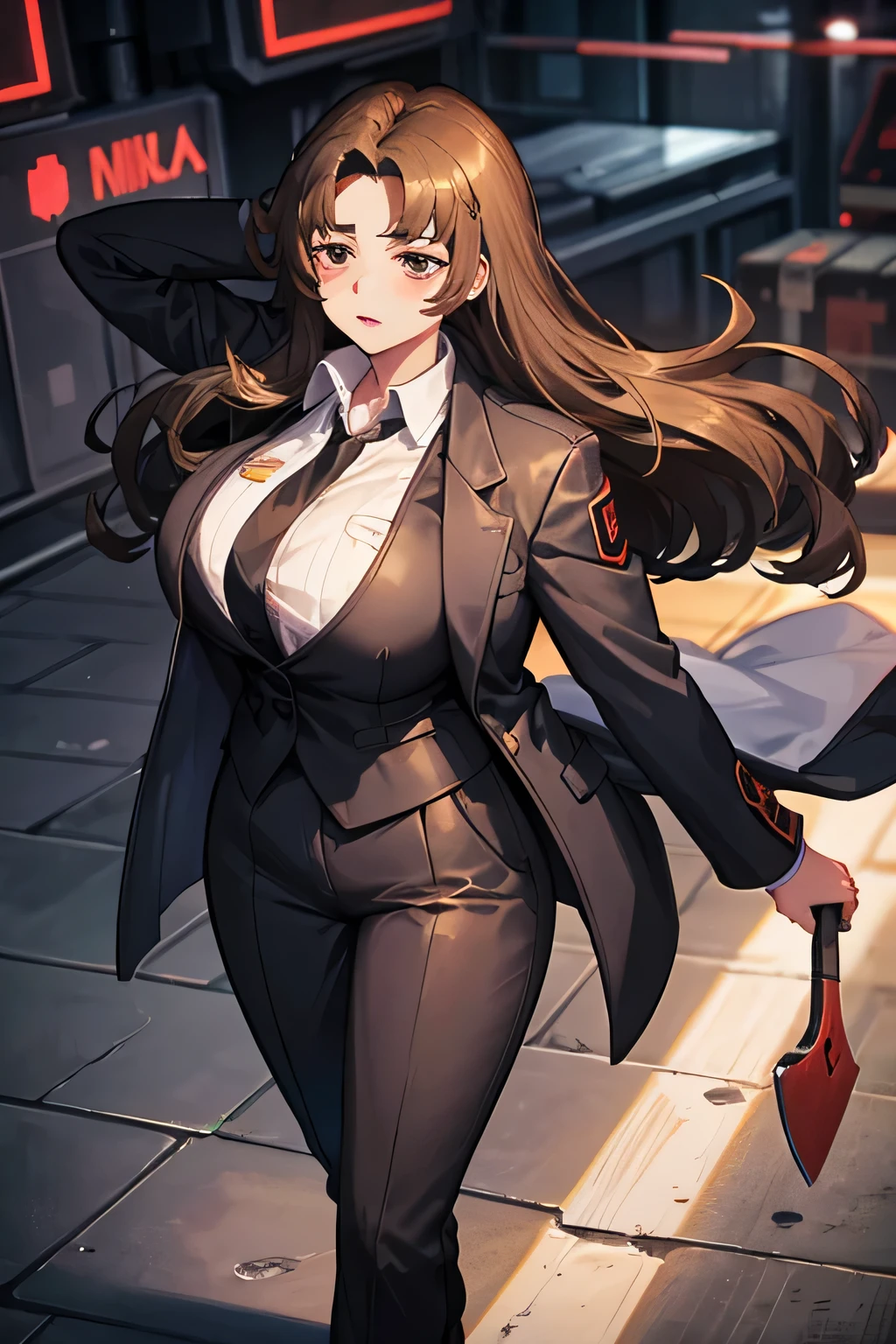 Rodion from limbus company,  brown hair , 1 girl, huge breasts, huge hips, business suit, the chest falls out of the jacket, shirt under the jacket, white shirt, An axe in his hand ,  full length , 