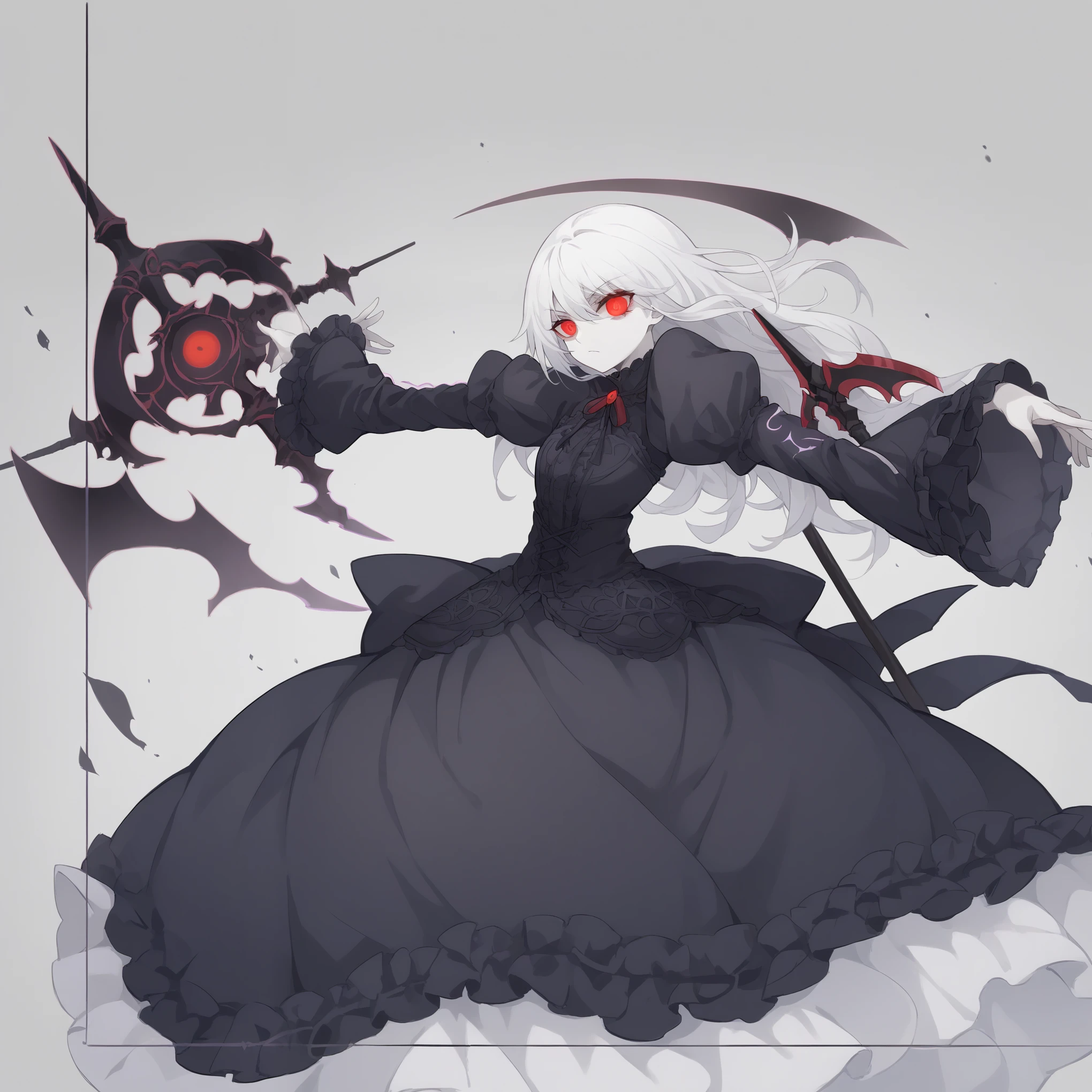 anime girl, solo, 4k absurdres, illustration, yugioh artstyle, glowing outline, gothic ****ta, black clothing, pale skin, white hair, red eyes, dynamic pose, white scythe, holding scythe, dark void background,moon,open  palm, 