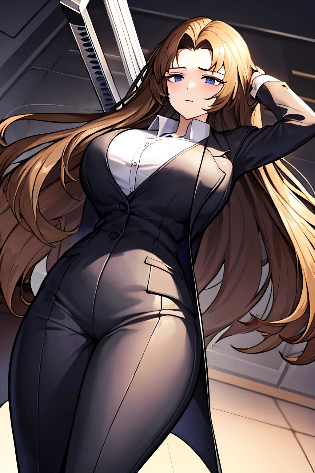 Rodion from limbus company,  brown hair , 1 girl, huge breasts, huge hips, business suit, the chest falls out of the jacket, shirt under the jacket, white shirt, an ice ax in your hand ,  full length , 