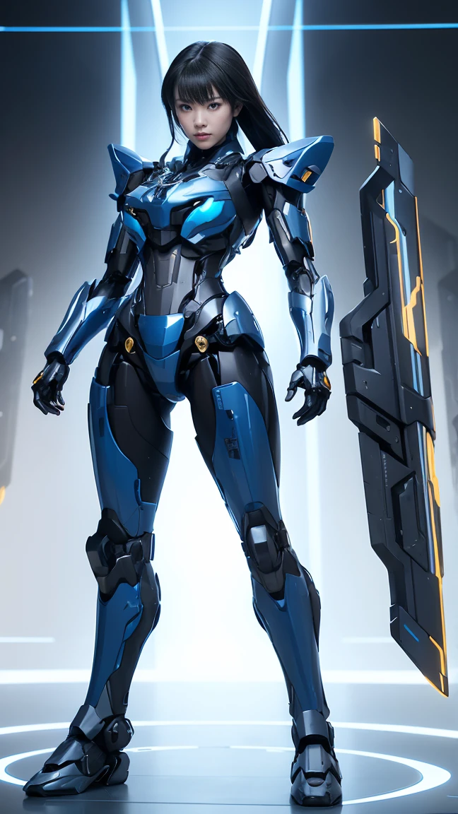    textured skin  , super detailed,      pay attention to details ,   high quality, 最  high quality,   Kampala  , 1080P, , beautiful,(Super Heroine),micro missile launch  ,beautifulサイボーグ女性,   Mecha Cyborg Girl   ,BATTLE MODE,     a girl with a metallic blue mecha body, she's a combat cyborg with weapons、Wear a Battle Mech、 Full Body Shot ,tron