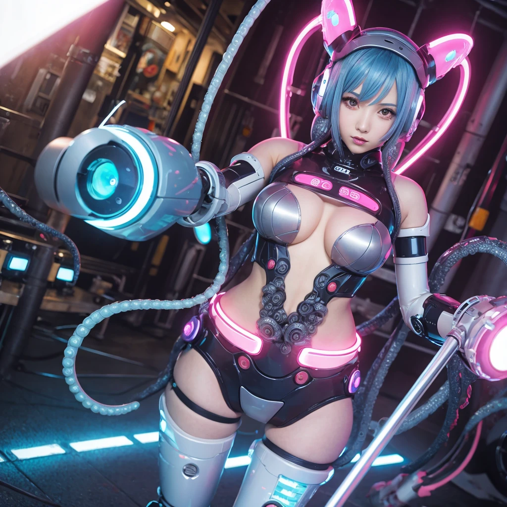 (nsfw)、Nipples、tits、Camel Toe、Android Woman、large breast、(focus breasts)、steampunk、full body、(Fluorescent Blue Background:1.4)