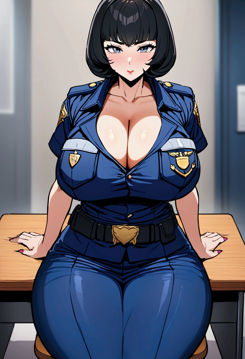 Huge ass, black bobcut hair, wearing darkblue police clothing, cleavage, grey mom, sits at a desk in a busy police office,