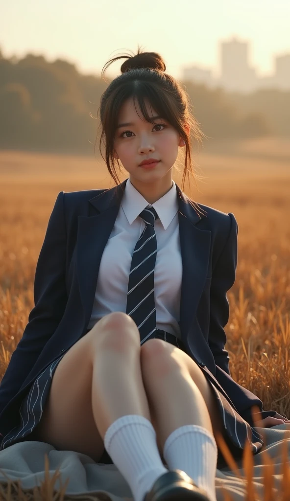 (1. woman:1.331),(Best Quality:1.4),  32k high resolution UHD , (masterpiece:1.2),  very detailed , ( photo realistic, photo surreal :1.4), Two anatomically correct legs, Professional photos：David Dubnitsky, Natural Light, Portraiture, 美しい若い日本人woman, ,  high school uniform を着る,  (( navy blue blazer , tie,  white shirt , White socks,  black loafers,  high school uniform : 1.331)), Very low neckline, Captivating looks , Soft glow, Elegant beauty,  perfectly detailed facial features , beautiful brown eyes,  sexy poses ,   Delicate Skin Textures ,  Brown hair blowing in the wind,  chignon hair:1.331,  Expressions of affection,  sexy posture,  flat chest, Please raise your knees high , lying back with  sexy poses ,  feet , ( fall prairie with skyline :1.4), Slope Prairie , Subtle Shadows, Sun and clouds background,  Shallow Depth of Field ,  Skyscraper, Foggy and green atmosphere,   artistic photography, (close:1.05), ( view from below:1.4), Photomapping, Zoom in, 