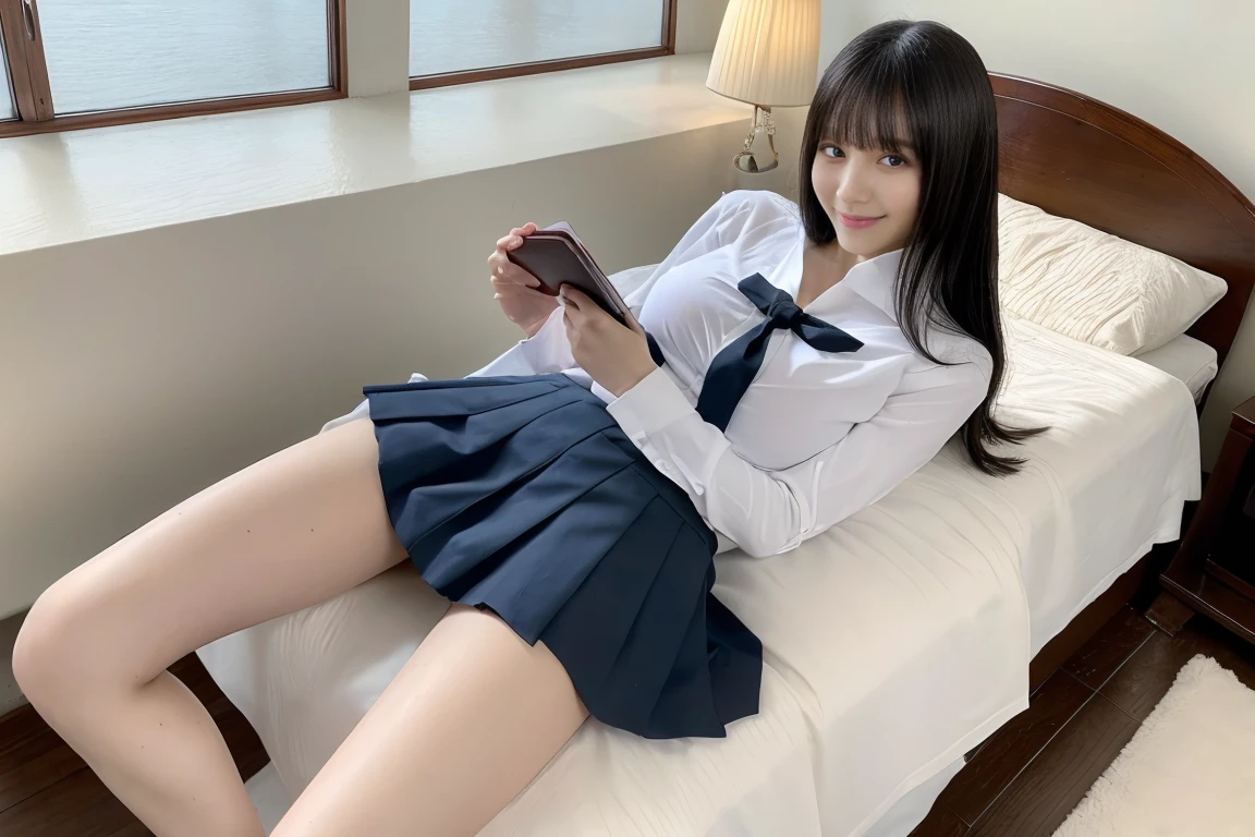 ((one Japanese schoolgirl)):1.8,((young body not fully matured)):1.7,sixteen years old,((Blouse that is wet and shows through the skin)):1.1,((not wearing underwear)):1.9,((thighs spread wide in an indecent pose)):1.8,On the bed,open_stance,((big breasts)):1.2,cleavage,(full body shot):1.9,(Beautiful Woman with Perfect Style):1.3,(Beautiful Legs):1.3,(One Person),(Slender):1.2,(Very Long Flowing Wet Black Hair):1.6,(Smiling slightly):1.4,(Very Fine Face and Skin Texture):1.2,(long black hair):1.7,(wet hair):1.5,(light on face):1.4,(between_legs:1.5),(toe-point:1.2),(full body):1.8,background beautiful lake,(very fine),(best quality),8K,RAW,photo,highest_quality,masterpiece,realistic,photorealism:1.7,erotic,sexy High Resolution,Physically Based Rendering,Cinematographic Lighting,Raw,Real Photo,(Sharp Focus):1.2,(Full Length View):1.9,(Full Length Image):1.9,classical European style bedroom,