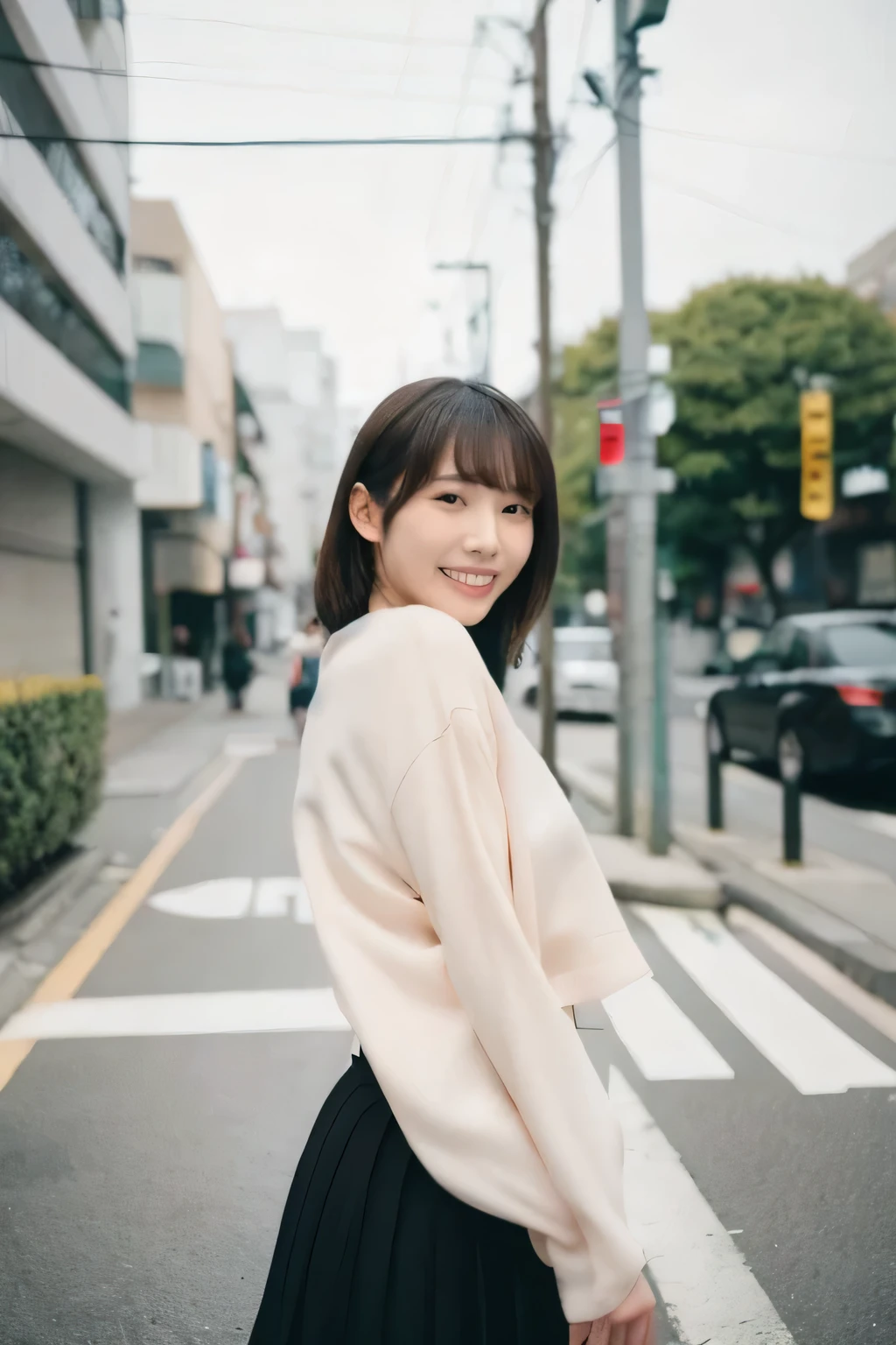 (Cinematic Aesthetics :1.4) a blurred urban noon image of a beautiful japanese fashion model,smile