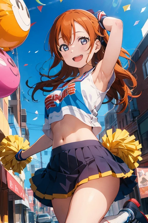 1girl, kousaka_honoka, cheerleader, roller_skates, solo, skates, blue_eyes, pom_pom_(cheerleading), headset, open_mouth, skirt, midriff, smile, confetti, navel, orange_hair, gloves, armpits, star_(symbol), one_side_up, balloon, looking_at_viewer, fingerless_gloves, blush, hair_ornament, day, arm_up, frills, crop_top, sky, boots, elbow_gloves, thick legs, huge breast, hands on hip, panties