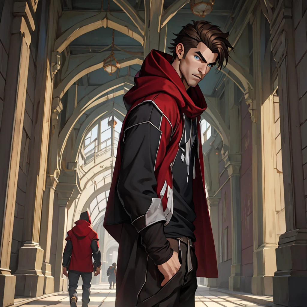 splash art an eighteen year old boy, he has fair skin, brown wavy hair, blue eyes, beautiful face, athletic body, he is wearing a tight black t-shirt with red and a dark red hooded cloak, dynamic pose, he is confused, he is in the corridors of a castle