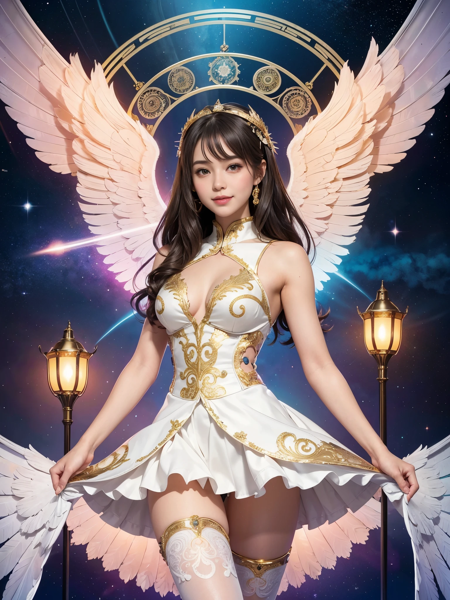 Cyborg, Girl, Beautiful girl, Cute, Sexy, Strong, Slender, Delicate, Smile, (Lolita costume), High legs, Metallic, ultra color, paisley, mandalas, Near future, Heaven, angel, feater, wing, Helix lamp, (The wings are symmetrically paired;1.5),
