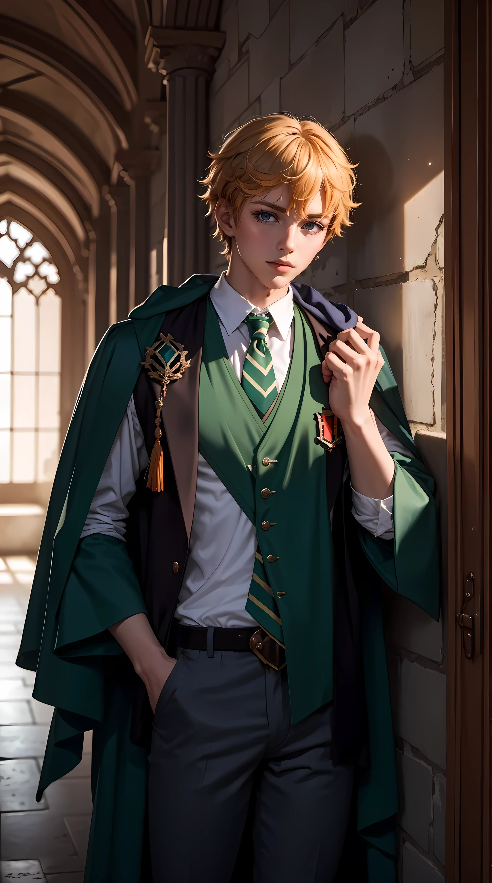 Beautiful orange hair man is shown to have a athletic figure, He is wearing Hogwarts green witch robes, green robes, British green school uniforms under robes, school vest and tie, he has blue eyes,Guy is standing in front of castle , sexy session, posing, cowboy shot, superior quality, many details, realistic