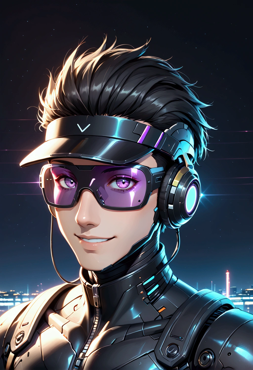 ((medium close up photography)), (((a man))), 25 years old, ((black hair)), from the future with synthwave style, (cybernetic), ((male)), ((black hair)), ((purple eyes)), (smiling), cyber punk bionic, with helmet headphones, ((wearing a Black futuristic suit with white LED lights lines)), ((using a black virtual reality glasses black visor)), with very realistic textures and colors, minimalist, futuristic, black background with dark blue, purple and blue neon lights and energy