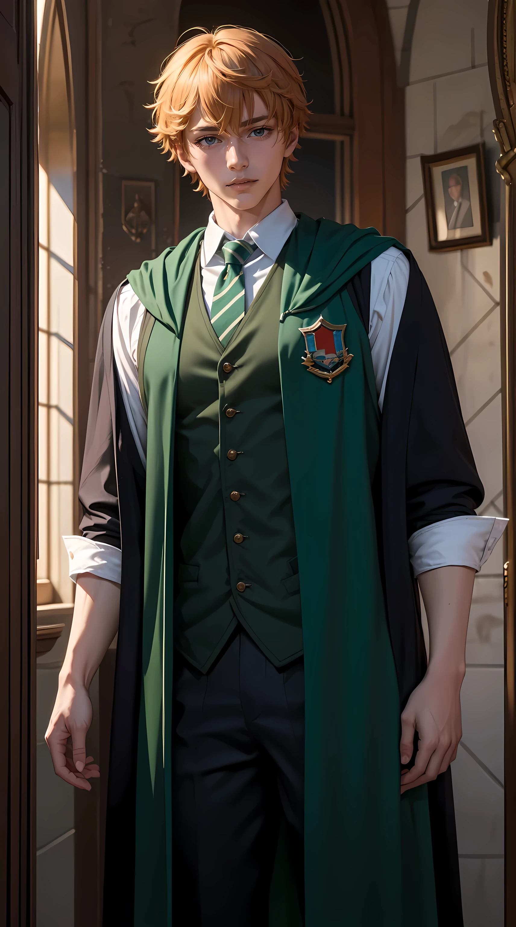 Beautiful orange hair man is shown to have a athletic figure, He is wearing Hogwarts green witch robes, green robes, British green school uniforms under robes, school vest and tie, he has blue eyes,Guy is standing in front of castle , sexy session, posing, cowboy shot, superior quality, many details, realistic