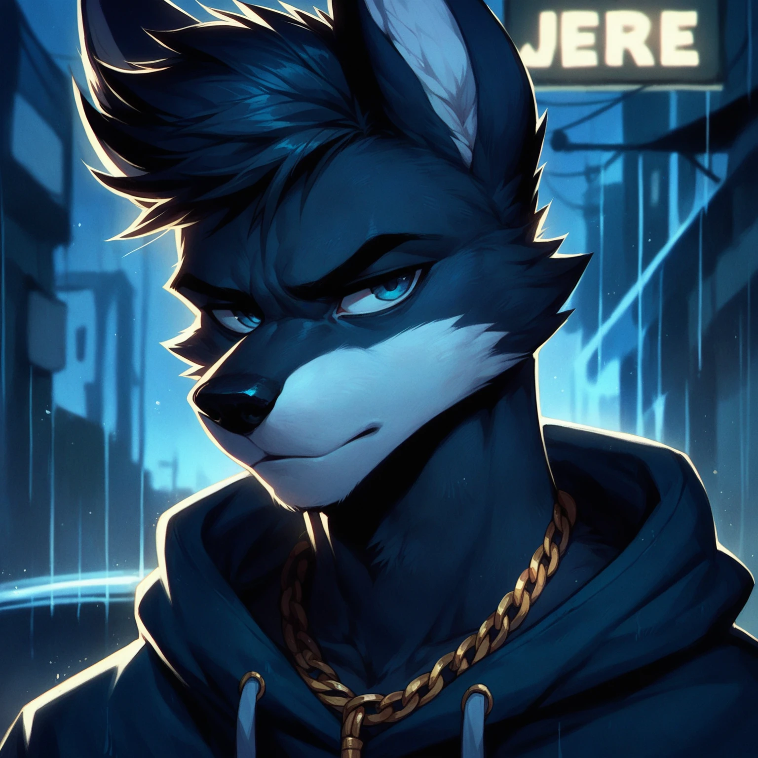 first, flat, Artistic, DETAILED: of a Wolf , adult, Alone, with Pompadour hairstyle,  wearing an open white hood ,  with a gold chain on the collar,  standing at night low lighting .