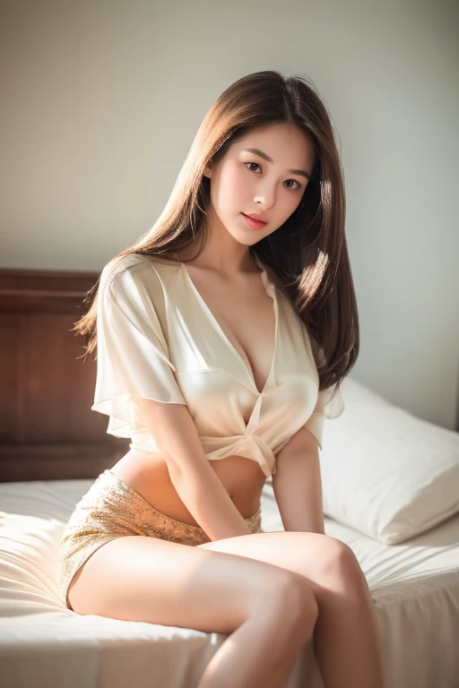 masterpiece, highest quality, High resolution, 12-year-old girl、blue eyes、
blonde, Braiding、Long Hair、White blouse、White panties、Classical Western-style building、Bed、Sit with one leg upright