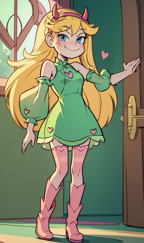  masterpiece , Star Butterfly,  long hair , blonde hair,  headband with red horns, blue eyes, smile,  heart on the cheek ,  full body, slim, breasts, sexy, blush,  green dress, short dress,  transparent dress ,  dress with sleeves , Stockings and Boots, 