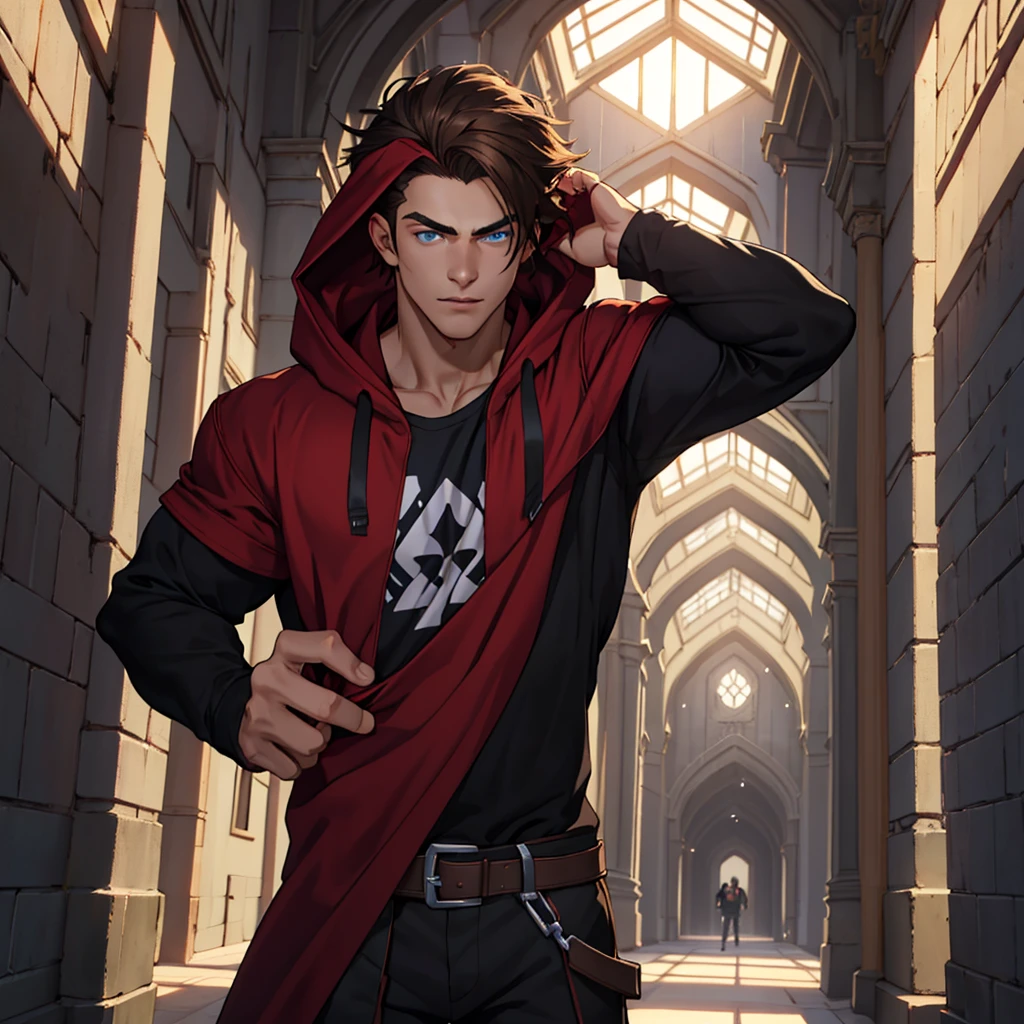 splash art an eighteen year old boy, he has fair skin, brown wavy hair, blue eyes, beautiful face, athletic body, he is wearing a tight black t-shirt with red and a dark red hooded cloak, dynamic pose, he is confused, he is in the corridors of a castle