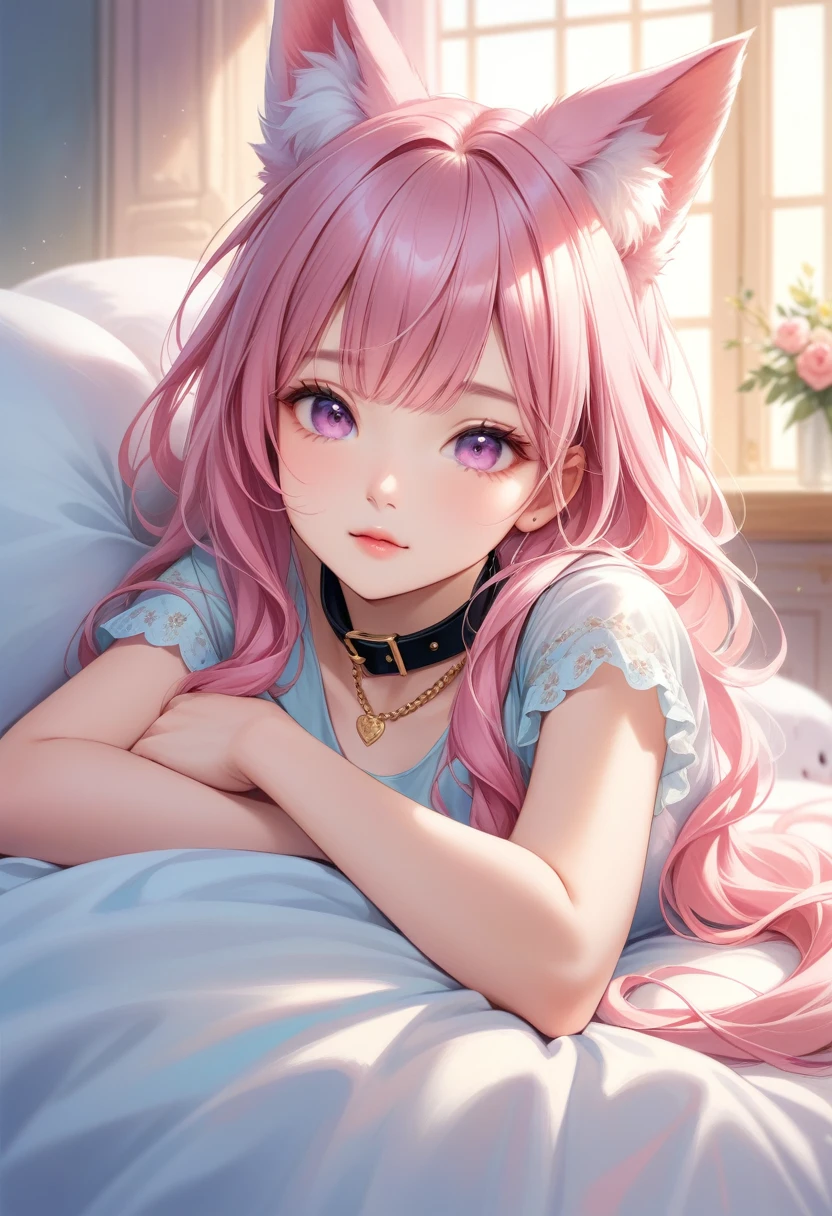 a photorealistic,  featuring a curvaceous woman with pink hair and fluffy fox ears lying on a plush bed surrounded by soft pillows while both her hands covering her breast. The lighting is soft and warm, with a gentle glow that enhances the pastel colors and the cozy atmosphere of the room.

Show detailed textures on the fabric of the pillows and bedding, with fine stitching and soft folds enhancing the realism. fine hair strands around her face, with a few stray hairs catching the light to add to the natural, lifelike quality.

A short, velvet crop top in a pastel shade with a slight sheen, adding a touch of texture and luxury to her look, She is also wearing a pet collar with metal chain on her neck.

Lying on her side with her head propped up by one hand, the other hand resting on her hip. Her fox ears perk up slightly, and she has a playful expression as she gazes at the viewer.